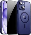 for iPhone 15 Case with Privacy Screen Protector, Blue | Full Camera Protection, Translucent Matte Magnetic, Compatible with MagSafe, Shockproof Phone Cover, Slim Fit by ZOZDOKG