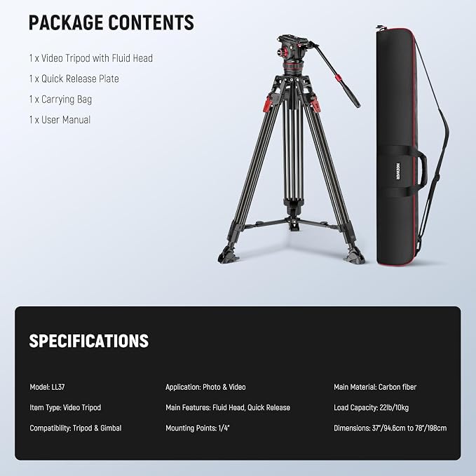NEEWER 78" Video Camera Tripod Carbon Fiber with Damping Adjustable Fluid Head, One Step Quick Release with QR Plate & Handle, Heavy Duty Tripod Stand for DSLR Cameras Camcorders, Max Load 22lb, LL37 - Image 9