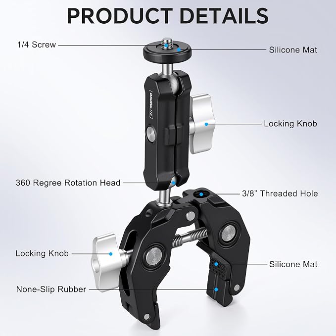 Super Clamp Camera Clamp Mount Monitor 360°Ballhead Magic Arm Double Ball Head Adapter with 1/4"-20 & 3/8"-16 Thread for Canon Nikon DSLR Camera/Gopro/LED Light Ronin-M/Ronin MX/FreeflyMOVI - Image 2