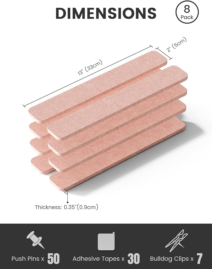 Fluxynara 13" x 2" Felt Wall Panels, Pink | 8-Pack Includes 50 Push Pins and Adhesive Tabs for Photos, Notes and Decor in Bedroom Doors, Home Office or Studios - Image 2