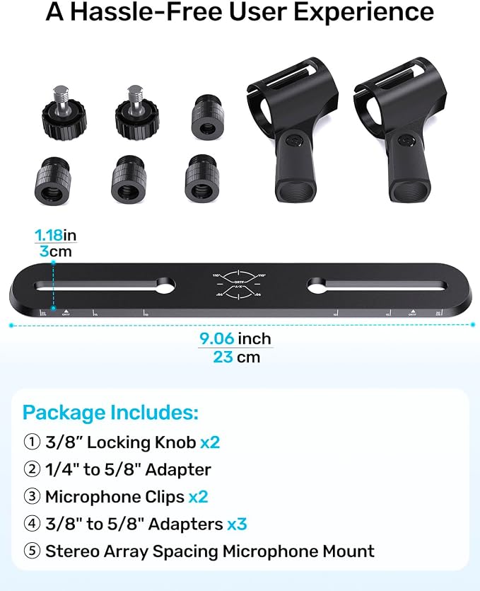 Stereo Array Spacing Mic Bar Mount, Aluminum Dual Holder with Ruled Marking | Adjustable Positioning, Durable Aluminum Construction, Fits 5/8, 3/8 & 1/4 Stands, for XY/ORTF Recording, Studio, Podcasting - Image 8