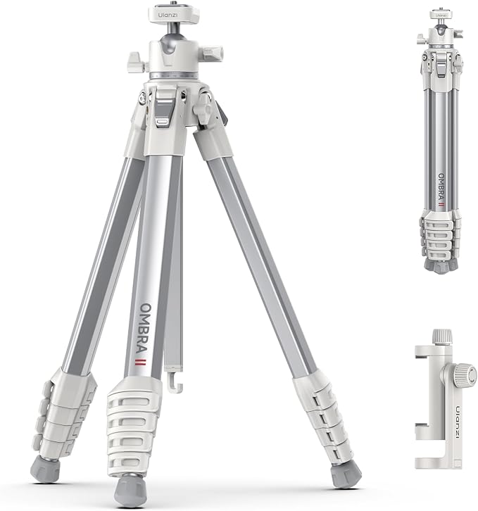 ULANZI Ombra Ⅱ Camera Travel Tripod White, 61.5" Aluminum Tripod Foldable with UKA Quick Release Plate for Phone Sony Canon, Video Shooting Vlogging Portable Stand w Phone Clamp Holder Carry Bag by ulanzi