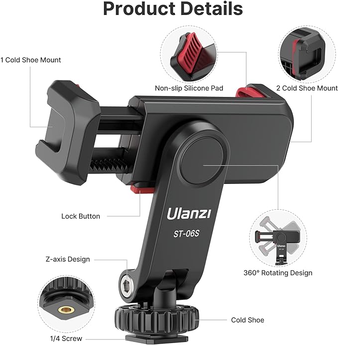 ULANZI ST-06S Phone Tripod Mount, Universal Phone Mount w 2 Cold Shoe | 1/4" Screw, 360° Rotates 180° Tilts, Adjustable Cellphone Clip Clamp Holder for Tripod, Camera, iPhone 17/16/15, Android - Image 6