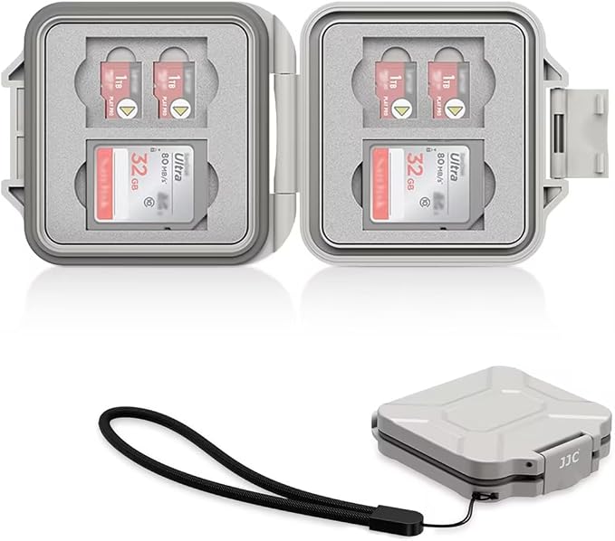 JJC Small SD Card Case Holder for 4 SD & 8 Micro SD Memory Cards, Gray | 12 Slots, Slim & Lightweight Design, Water-Resistant & Shockproof, Soft EVA Interior, Includes Wrist Strap, Easy to Carry by JJC
