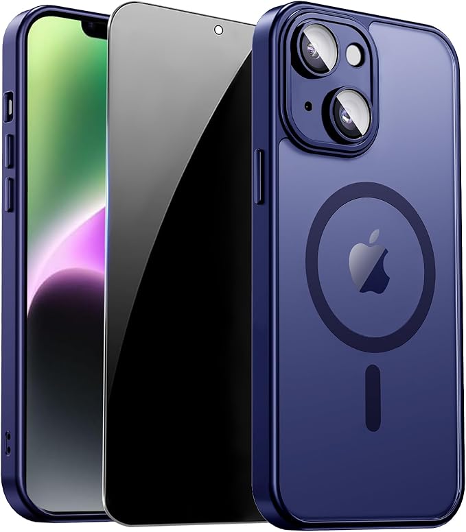 for iPhone 14 Case with Privacy Screen Protector, Blue | Full Camera Protection, Translucent Matte Magnetic, Compatible with MagSafe, Shockproof Phone Cover, Slim Fit by ZOZDOKG