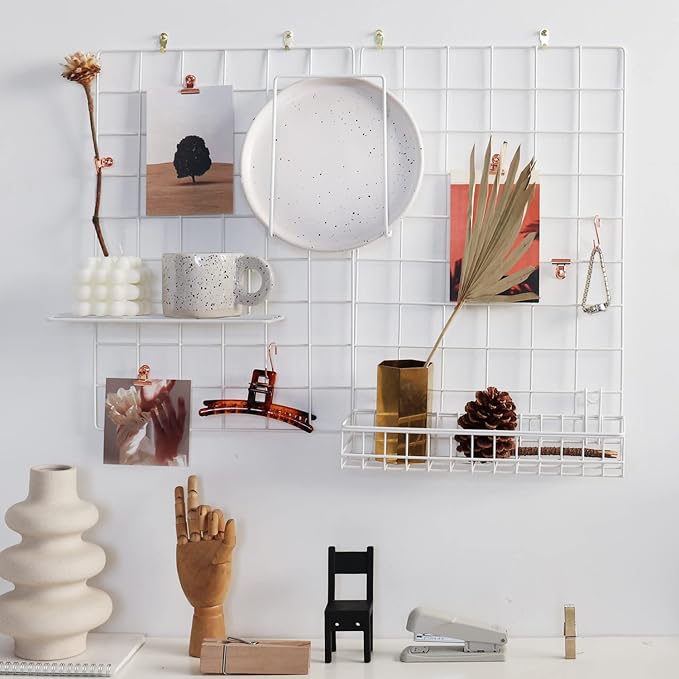 Wall Grid Panel for Photo Display,Wall Storage Organizer,5 Metal Clips & 3 S Hooks & 4 Nails & 4 Plastic Hanging Buckles and 4 Screws Offered,Size 17.5" x 11.8",Set of 2 (White) - Image 3