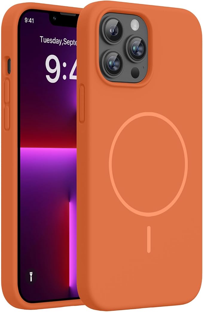 miracase Magnetic for iPhone 13 Pro Max Case, [Soft Anti-Scratch Microfiber Lining], Compatible with MagSafe, Liquid Silicone Shockproof Drop Protection Phone Case for 13 Pro Max, Orange by Miracase