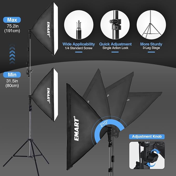 EMART Softbox Lighting Kit, 85W 20"x28" Softbox for Photography Light 2Pack | 3000K-6500K LED Bulbs with Remote, 75" Tripod, Professional Photography Lighting for Studio Lights, Portrait, Video Recording - Image 7