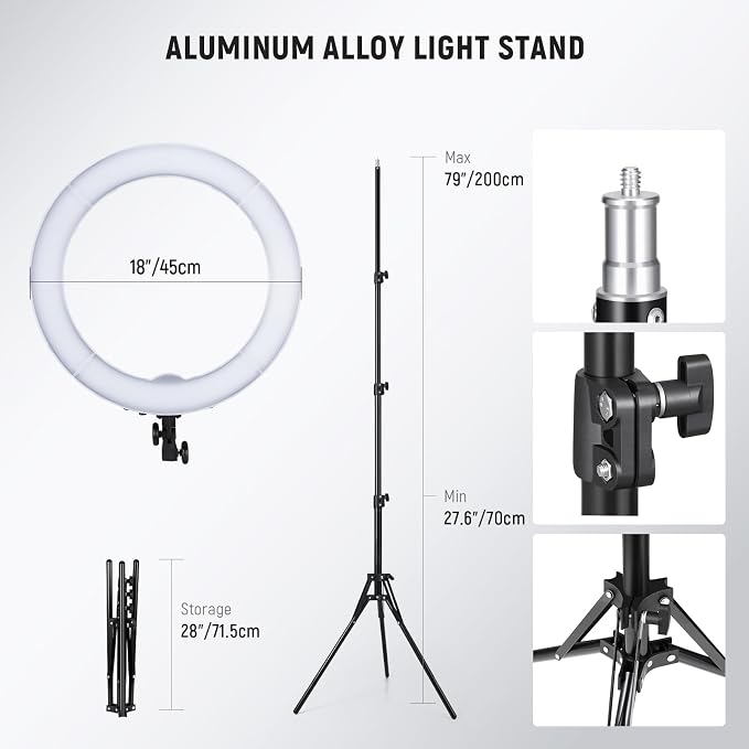 NEEWER 55W 18"/45cm Ring Light Kit [New Version], with Tripod Stand, RL-18 | 5600K Dimmable LED Ringlight, Phone Holder for iPhone, Lighting for Selfie Makeup Lash Tattoo Studio Photo Video Recording - Image 10