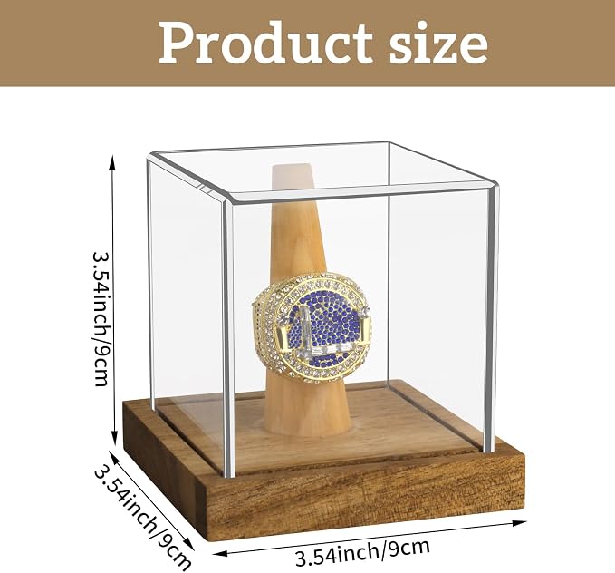 Clear Acrylic Championship Ring Display Case with Wood Stand Base, Memorabilia Stand Cube Holder Dust Protection Transparent Storage Box for Sports Baseball Basketball Fan Souvenir Protection Supplies - Image 2