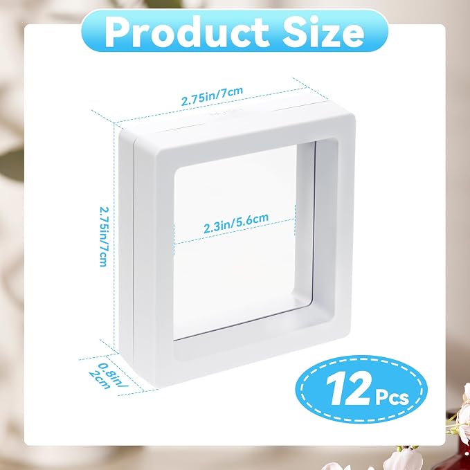 12 Pcs 3D Floating Frame Display Stand, Transparent Jewelry Gift Boxes | 2.75 x 2.75 x 0.8 Inch Small Jewelry Gift Boxes with PE Film, for Earrings Necklaces Rings Coins Specimens Crafts, White - Image 2