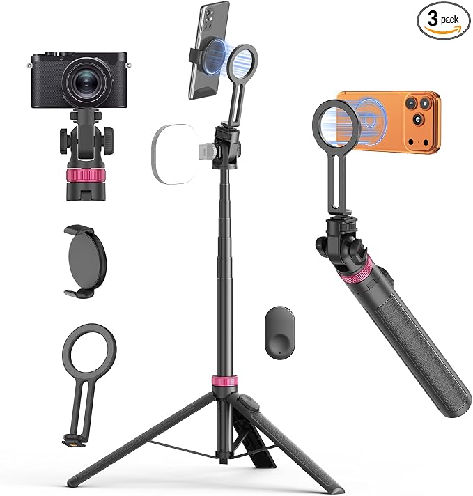 69" Magnetic Phone Tripod Stand Selfie Stick with Remote & Phone Mount | Portable Stand holder Rechargeable with Tripod Leg，360°Rotatable Travel Tripod Compatible for iPhone/Android/Magsafe by Gahenwo