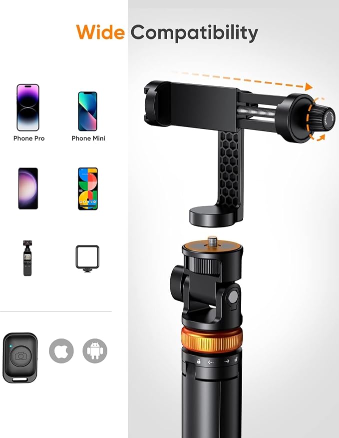 EUCOS 62" Phone Tripod, Tripod for iPhone & Selfie Stick with Remote | Extendable Cell Phone Stand & Ultimate Phone Holder, Solidest Phone Stand Compatible with iPhone/Android - Image 4