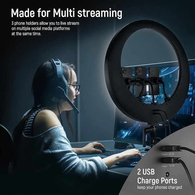 NEEWER 19 inch 2.4G Ring Light with Stand, 3 Phone Holders, 2.4G USB Transmitter for Mac/PC Remote Control, Touch Panel, Smooth Dimming at 1%, 3200K-5600K for Selfie TikTok Live Streaming Zoom, RP19H - Image 3