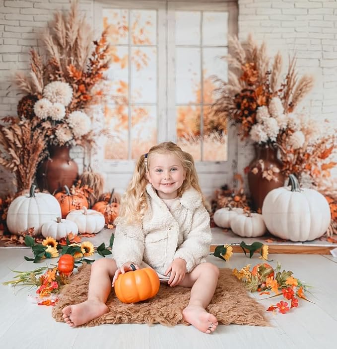 Kate Fall Photography Backdrops Autumn Harvest Pumpkin White Brick Wall Boho Theme Photography Props, 7x5ft - Image 3