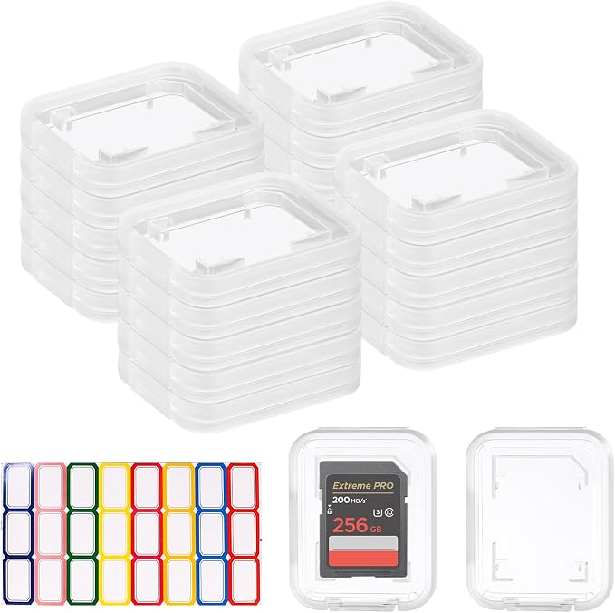 40 Pcs Clear SD Card Holder, Plastic SD Card Case with 48 Pcs Colorful Labels Standard SDHC SDXC Memory Cards Organizer Portable Photography Storage Accessories by ISKYBOB