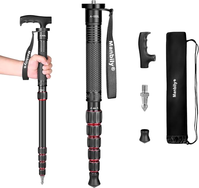 Camera Monopod Aluminum Portable Compact Lightweight Travel Monopod with Carrying Bag Walking Stick Handle,for DSLR Canon Nikon Sony Video Camcorder,6 Sections up to 61-in (A-555L) by Manbily