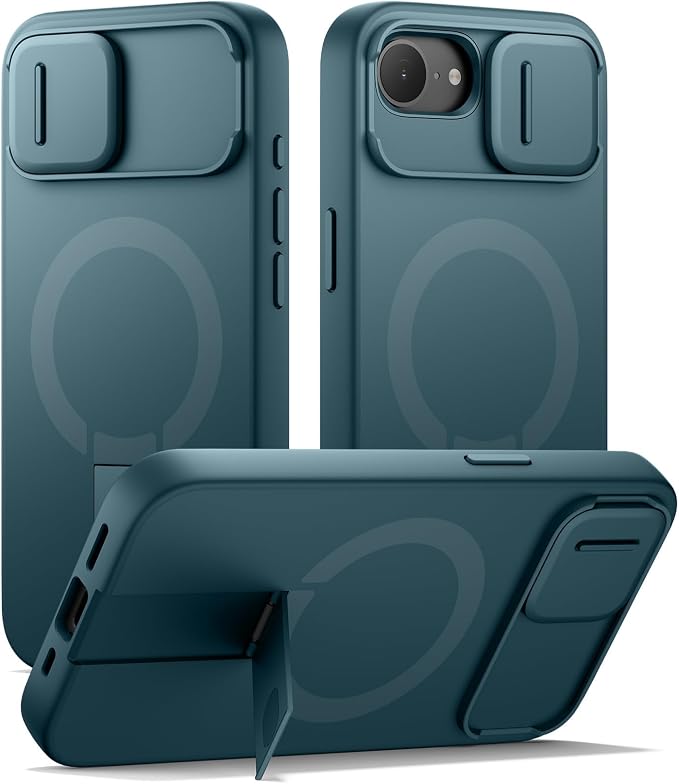 SURITCH for iPhone 17e/16e Case with Magnetic Camera Slide Cover and Adjustable Kickstand, Compatible with MagSafe, Shockproof Bumper Case Slim Protective Cover 6.1 Inch,Lake Green by SURITCH