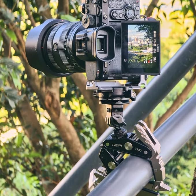 HEIPI C100 Super Clamp & Mini Ball Head & Panning Base, Max Clamping 3.93" | Clamp & stand design. Max clamping 3.93"/10cm. Dual screw mounts: 1/4"-20,3/8"-16. Compatible with phone, action camera, DSLR - Image 3