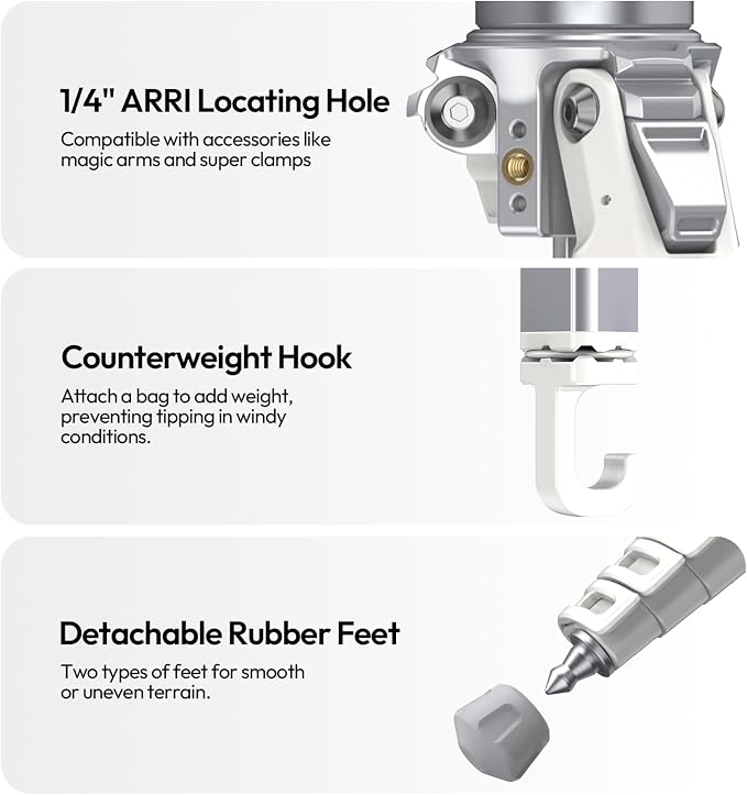 ULANZI Ombra Ⅱ Camera Travel Tripod White, 61.5" Aluminum Tripod Foldable with UKA Quick Release Plate for Phone Sony Canon, Video Shooting Vlogging Portable Stand w Phone Clamp Holder Carry Bag - Image 8