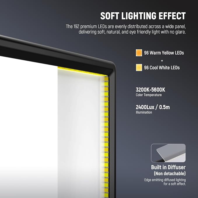 NEEWER Basics 13" LED Video Light Panel, 2 Pack with Tripod Stands, NL-192B | Studio Lighting Kit, Bi Color Photo Key Light for Streaming Photography Podcast Recording, 2400Lux 3200-5600K CRI97+ 8000mAh - Image 4