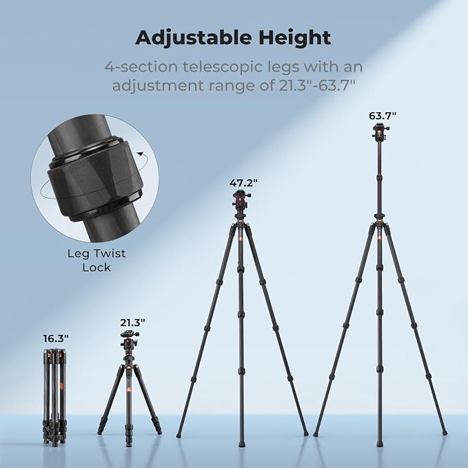 K&F CONCEPT 64" Carbon Fiber Camera Tripod with 1.4" Metal Ball Head | Lightweight Travel Tripod, Max Load 17.6lbs, Quick Release Plate, For DSLR Camera Indoor Outdoor, O254C2+BH-36 - Image 5