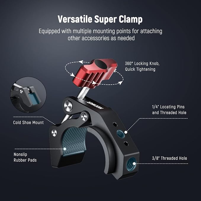 NEEWER Super Clamp with Cold Shoe & 1/4 Inch 3/8 Inch Thread Holes, ST81 | Max. Load 4 Kg, Crab Shaped Camera Tripod Holder, for Most Photo Accessories, Compatible with SmallRig Magic Arm, Red - Image 2