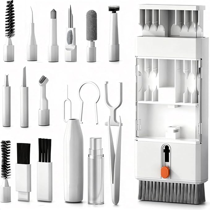 22 in 1 Multifunctional Cleaner Kit for AirPods and Electronic Devices, Keyboard, Laptop for iPad, iPhone, Camera, Earbuds, with Retractable Brush, Keycap Puller, Spray & Microfiber Cloth by KDYNIX