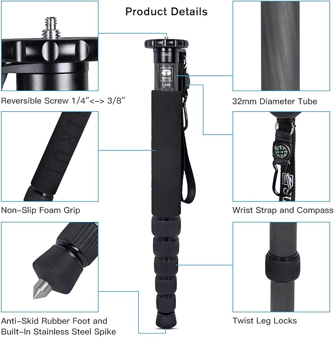 SIRUI Camera Monopod P-326 6 Section Carbon Fiber Compact Lightweight Travel Monopod - Image 2