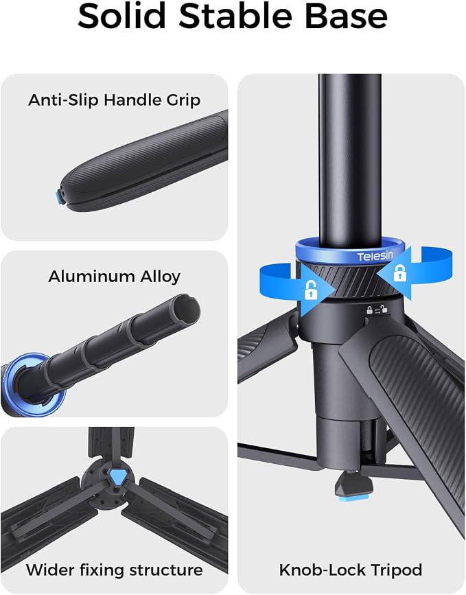 TELESIN 0.1s Auto Open Mini Selfie Stick Tripod for DJI Action Camera | 65cm/25.5in Magnetic Quick Release Tripod for DJI Osmo Action 6 / Nano / 360, Xtra 360 / Atto, Cold Shoe Mount,360° Ball Head - Image 7