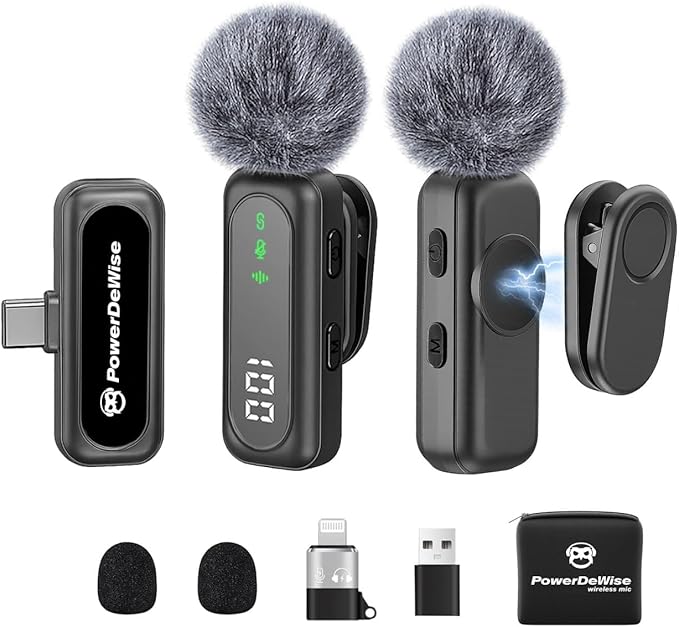 Wireless Lavalier Microphone for iPhone & Android, 2 Pack Mini Mic with USB-C/Lightning/USB-A Receiver, Plug & Play No Bluetooth, AI Noise Cancelling Lapel Mic for TikTok YouTube Vlog Podcast by PowerDeWise