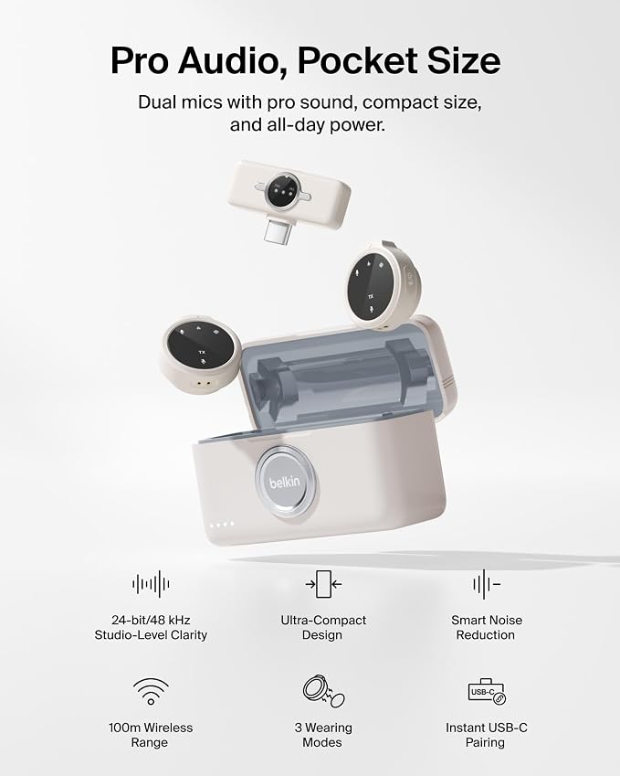 Belkin Stage Creator Essentials Kit, Tripod, Phone Mount, Dual Microphones | vlogging kit, magnetic phone mount, wireless microphones, portable, TikTok, YouTube, Instagram, streaming - Image 9