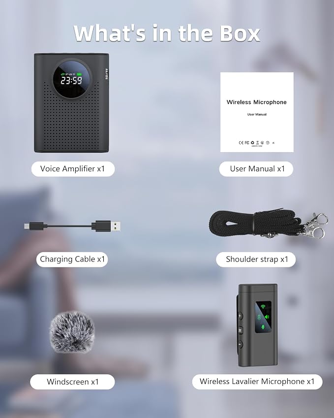 S67 Rechargeable Voice Amplifier Wireless Microphone for Teachers Classroom, Mini Lavalier Lapel Mic Clip Magnetic, Portable Bluetooth Speaker with LED Display for Class, Tour Guide, Black - Image 7