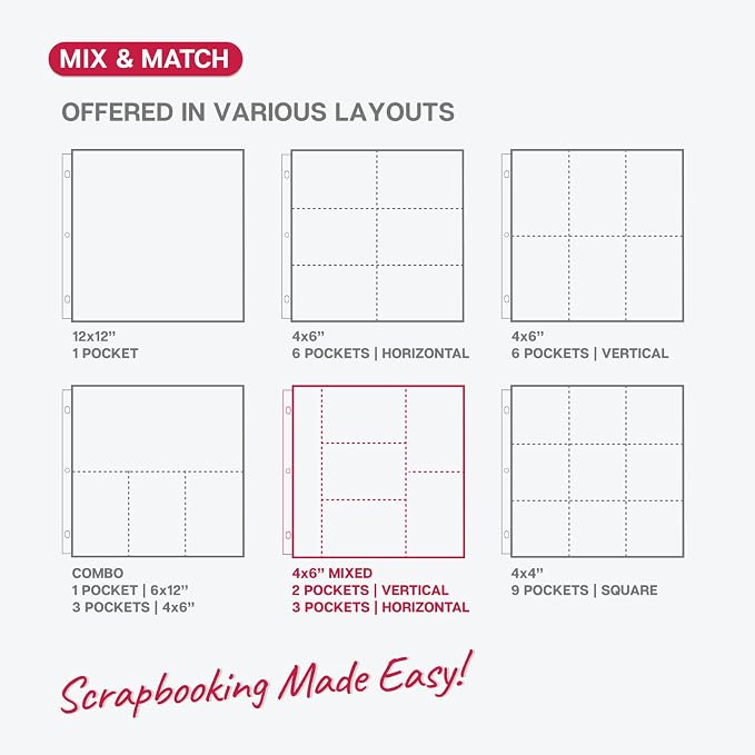 Dunwell 12x12 Photo Album Refill Pages, 25 Pack Holds 250 Photos, 4x6 Photo Sleeves for 3 Ring Binder, Mixed Layout Scrapbook Page Protectors, Acid-Free Poly - Image 7