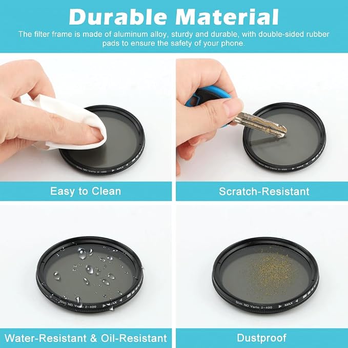 52MM Variable ND2-ND400 Filter, Clip-on Phone Lens ND Filter Kit Multi-Coated Adjustable Neutral Density Filter Compatible with iPhoneSamsung/Android Smartphones(Color:Black) - Image 5