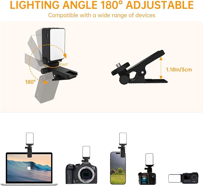 Suptig Mini Video Light, Selfie Light for Phone, Laptop, Camera, Gopro, DJI Action 5 pro, DJI Action 4-3, Conference Lighting with Clip & Camera Tripod Adapter Rechargeable 750mAh Black. - Image 3