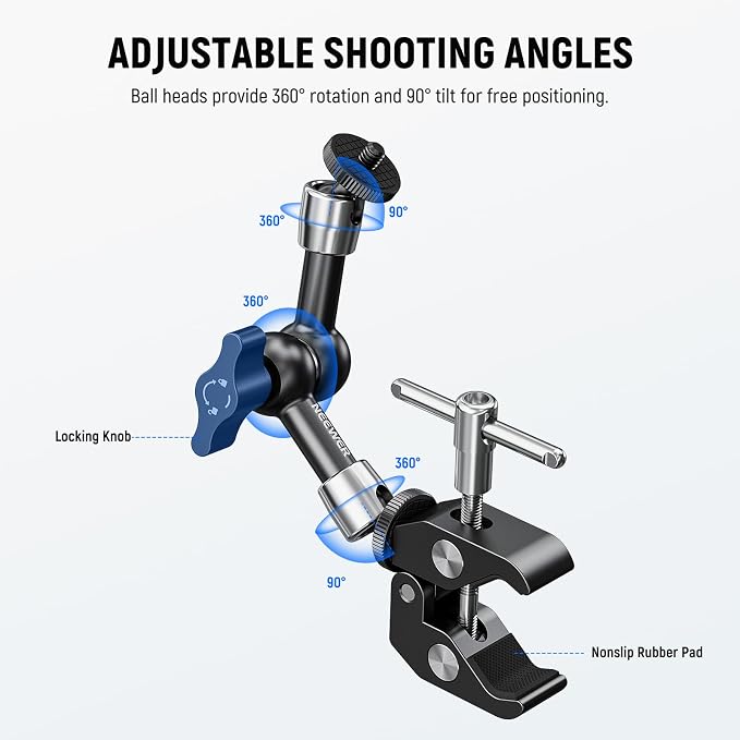 NEEWER 6"/15cm Adjustable Magic Arm with Super Clamp, 1/4" & 3/8" Threads, 1/4" Screws for Flash/LED Light/Microphone/Monitor, Compatible with SmallRig Camera Cage, Max Load: 4.4lb/2kg, ST15C - Image 3