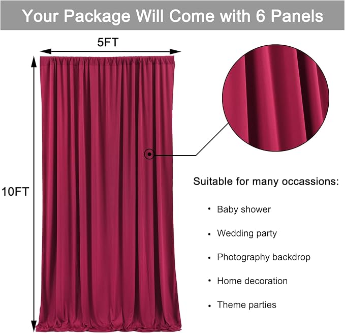 30ft x 10ft Maroon Backdrop Curtains for Parties, Polyester Burgundy Backdrop Drapes 6 Panels 5x10ft for Baby Shower Photography Birthday Parties Background - Image 6