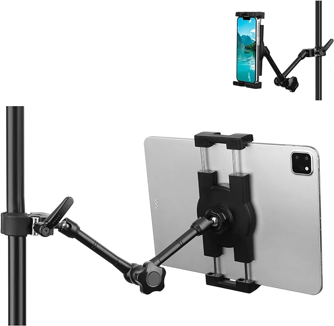 Mippko iPad Holder for Microphone Stand/Mic Music Stand,Tablet Mount Compatible with 4.7~12.9" / Nexus/LG G Pads/e-Reader/Switch/iPhone,360° Adjustable 10" Long Aluminum Alloy Arm by Mippko