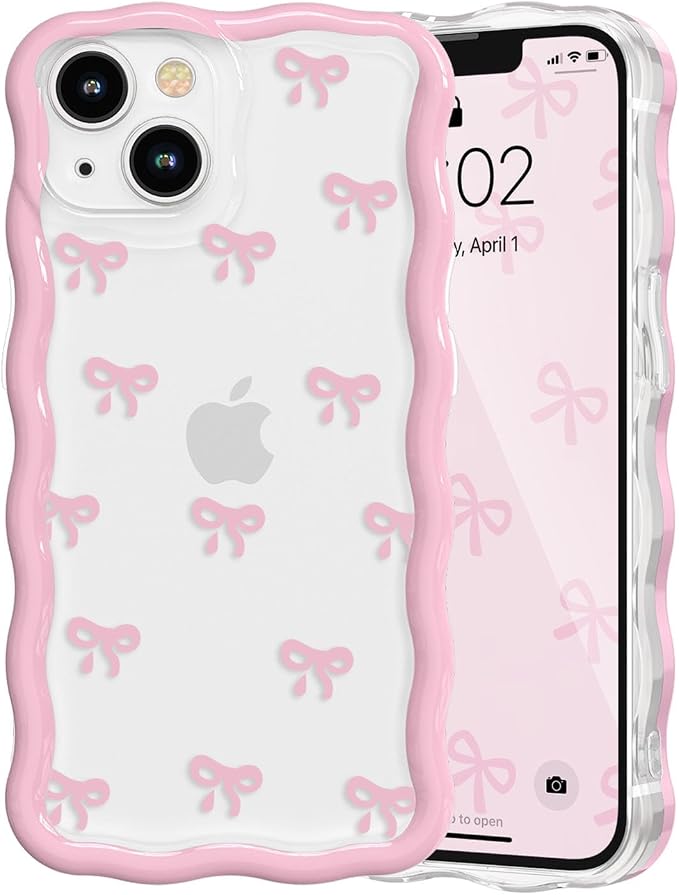QLTYPRI for iPhone 15 Pink Bow Case, Clear Cute Pink Ribbon Bow Phone Case Curly Wavy Aesthetic Phone Cover, Soft Slim Transparent TPU Shockproof Protective Cover for Women Girls - Tiny Bow by QLTYPRI