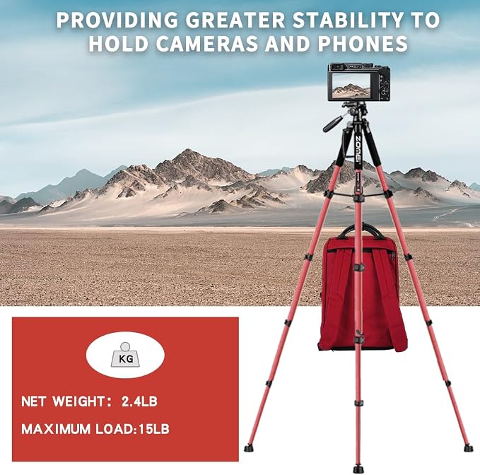 Camera Tripod, 74" Tripod for Camera Stand, Heavy Duty Tripod with Travel Bag for Projectors, Lasers, DSLR, Webcam, Aluminum Phone Tripod for Video Recording Photo Vlogging(Red) - Image 4