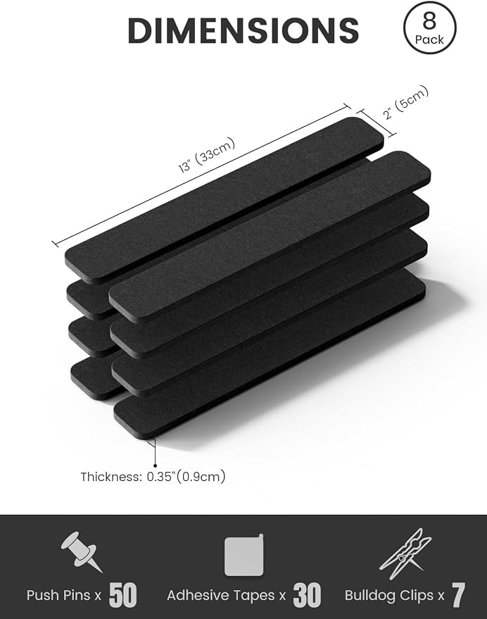 Fluxynara 13" x 2" Felt Wall Panels, Black | 8-Pack Includes 50 Push Pins and Adhesive Tabs for Photos, Notes and Decor in Bedroom Doors, Home Office or Studios - Image 2