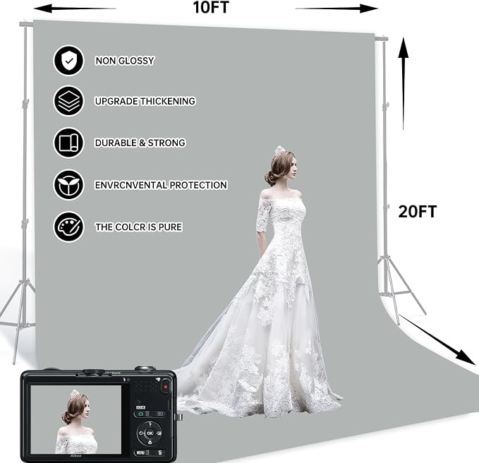 BEIYANG Light Grey 10 x 20 Ft Large Screen Backdrop Cloth for Photography, Non-Reflective Gray Photo Background Screen for Portrait Product Photo Studio Shooting Props, Background Decoration Cloth - Image 4