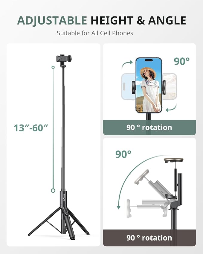 Sensyne 60" Phone Tripod - Selfie Stick, Lightweight All in One Phone Tripod Integrated with Wireless Remote Compatible with All Cell Phones for Selfie/Video Recording/Photo/Live Stream/Vlog（Black） - Image 5