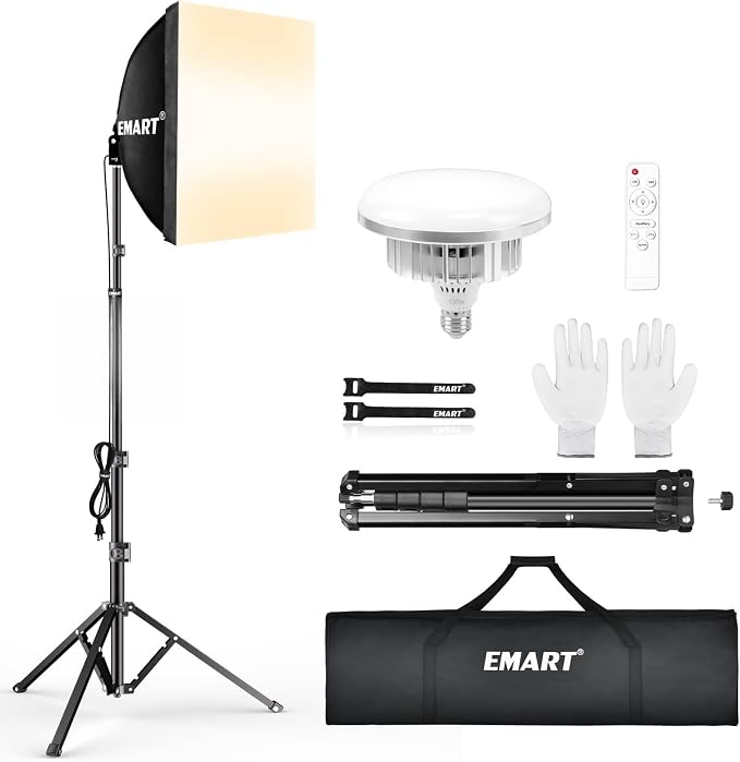 EMART Softbox Lighting Kit 135W 16"x16" Softbox for Photography Light 1Pack | 3000K-6500K LED Bulbs with Remote, 65" Tripod, Professional Photography Lighting for Studio Lights, Portrait, Video Recording by EMART