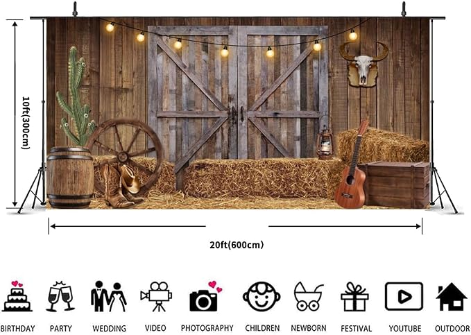 Western Cowboy Backdrop 20x10ft Western Party Decorations Wild West Saloon Rodeo Barn Photography Background Cowboy Theme Birthday Party Decor Banner Photoshoot Supplies - Image 6