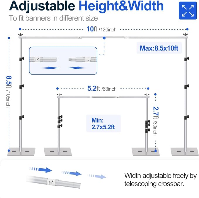 EMART Backdrop Stand Heavy Duty 8.5x10ft Adjustable Pipe and Drape Stand | Silver Photo Backdrop Stand for Party Photography Wedding Birthdy Dispaly Festival Decorations Balloon Exhibition Photo Booth - Image 2