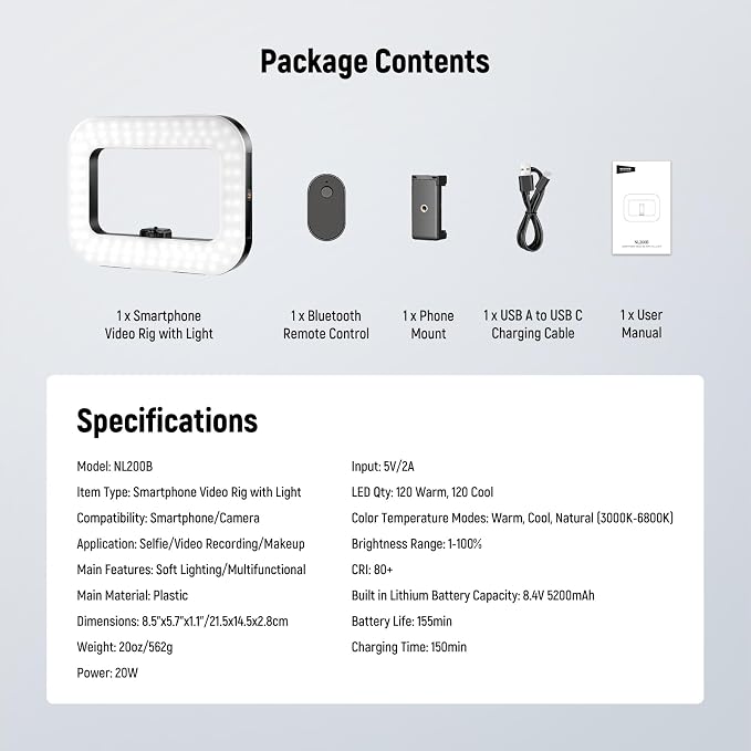 NEEWER Entry Level Version Phone Video Rig with Light, Handheld Stabilizer with 20W Bi Color LED Square Ring Light, 3 Cold Shoes/5200mAh Battery/CRI80+ for Selfie Streaming Vlog Recording, NL200B - Image 7