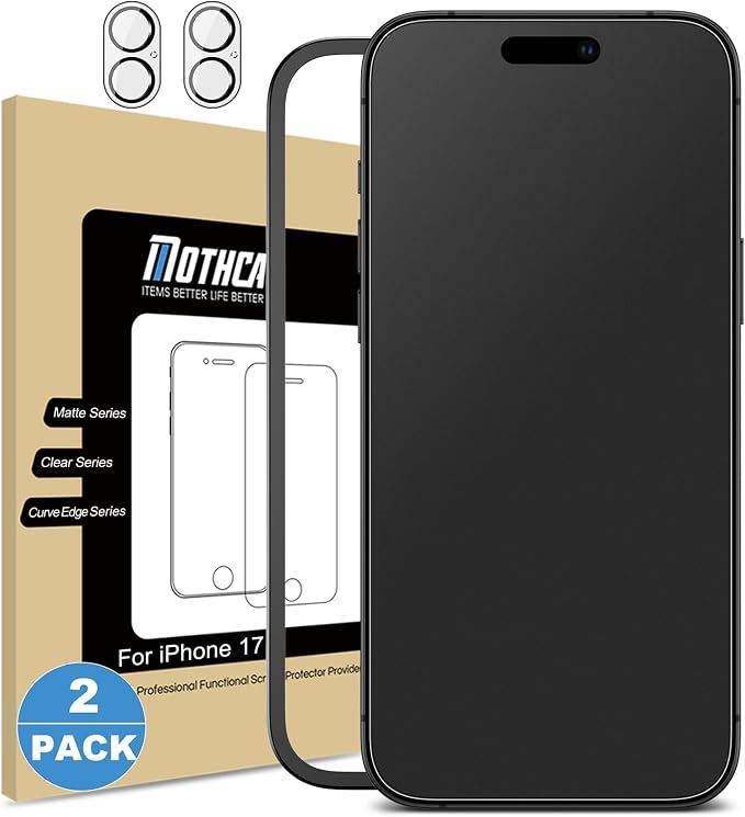 Mothca 2 Pack Matte Glass Screen Protector for iPhone 17 [6.3 inch] + 2 Pack Camera Lens Protector, Anti-Glare & Anti-Fingerprint Case Friendly Tempered Glass, Bubble Free, Smooth as Silk by MothcaDirect