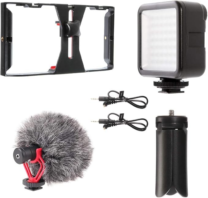 FocusFoto PRO U-Rig Smartphone Video Camera Cage Mount Holder Stabilizer Handle Grip with BOYA by-MM1 Microphone Mic+ 49 LED Light+ Mini Tripod Kit for Mobile Phone iPhone Filmmaking Videomaker - Image 2
